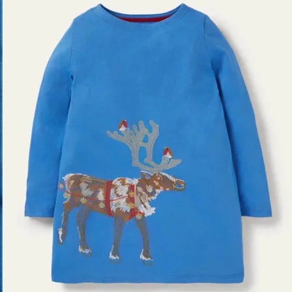 mini boden reindeer dress Mini Boden teal velvet reindeer design dress with full net skirt age 6-7 years. Minor repair to a pull in the netting. 16.95 + 2.50 postage